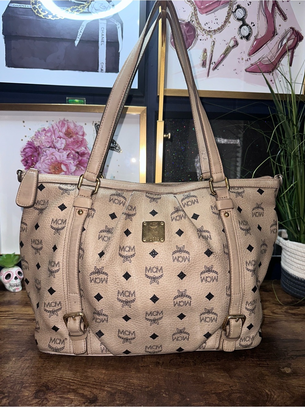 MCM Visetos Monogram Shopper Tote Beige Cream Canvas Leather Shoulder Bag